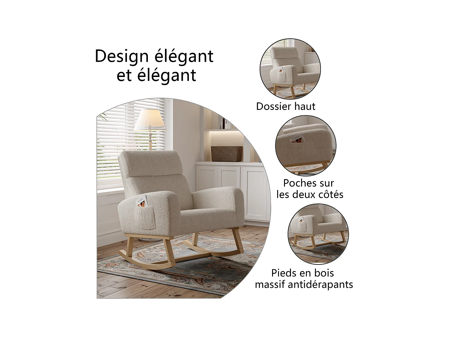 Cadeira de balanço em tecido Teddy bege com bolsos laterais, assento largo e almofadas antiderrapantes silenciosas