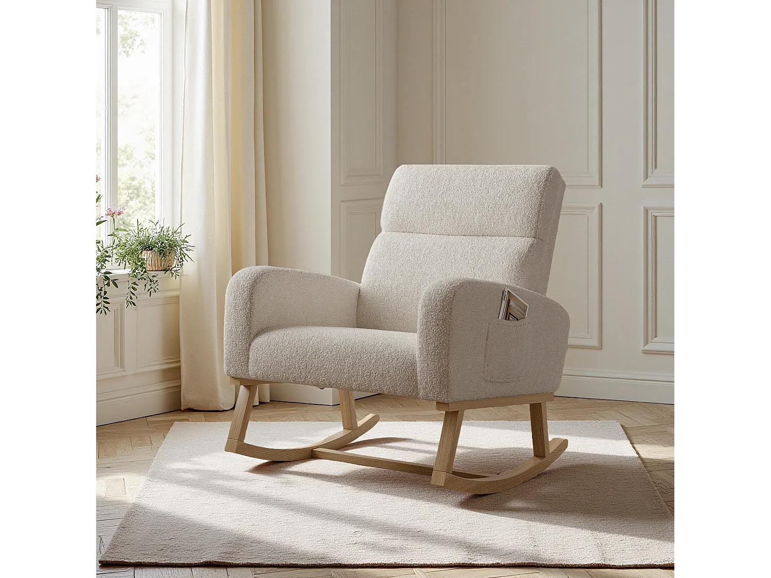 Beige schommelstoel van teddystof met zijzakken, brede zitting en stille antislipglijders