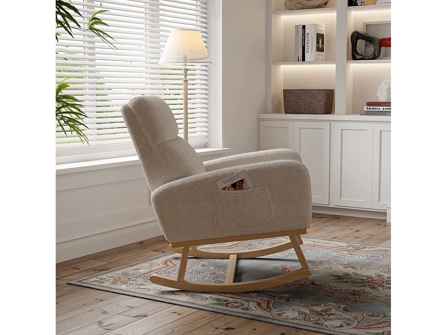 Beige schommelstoel van teddystof met zijzakken, brede zitting en stille antislipglijders