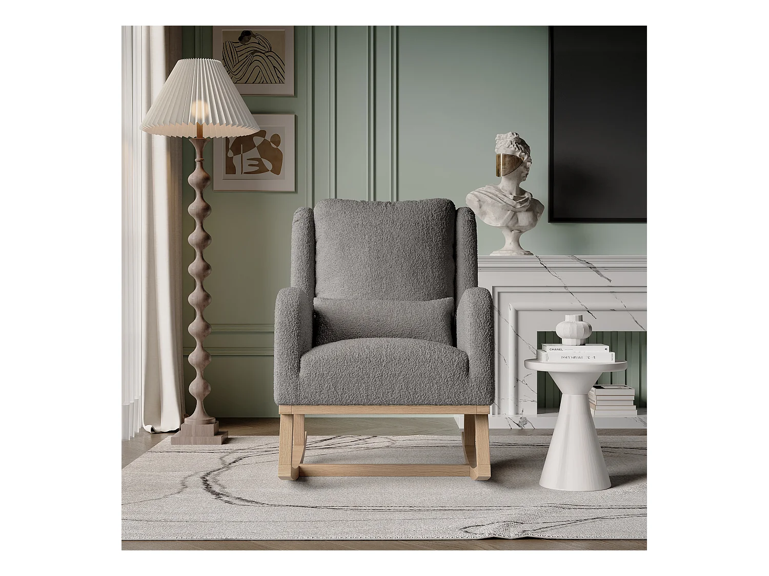 Fauteuil à bascule noir Fauteuil Relax a Bascule en Tissu avec Dossier Haut Rocking Chair avec Poche Latérale et Coussin Lombaire Rocking Chair Intérieur Extérieur