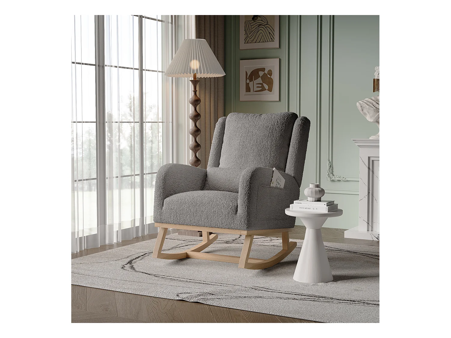 Fauteuil à bascule noir Fauteuil Relax a Bascule en Tissu avec Dossier Haut Rocking Chair avec Poche Latérale et Coussin Lombaire Rocking Chair Intérieur Extérieur