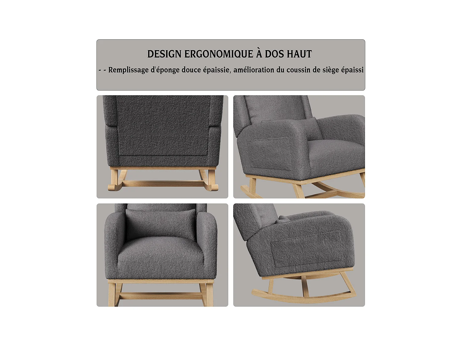 Fauteuil à bascule noir Fauteuil Relax a Bascule en Tissu avec Dossier Haut Rocking Chair avec Poche Latérale et Coussin Lombaire Rocking Chair Intérieur Extérieur