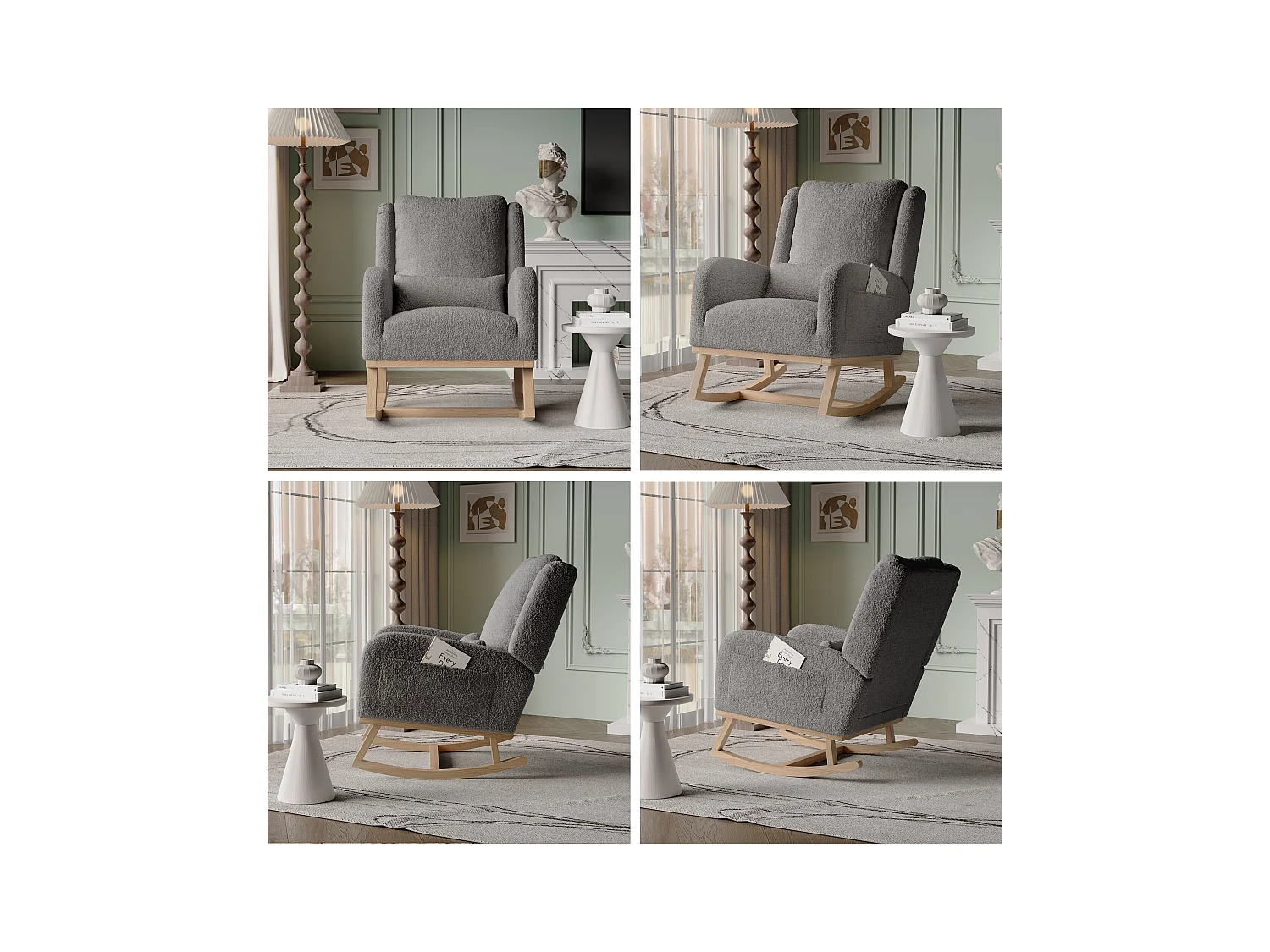 Fauteuil à bascule noir Fauteuil Relax a Bascule en Tissu avec Dossier Haut Rocking Chair avec Poche Latérale et Coussin Lombaire Rocking Chair Intérieur Extérieur