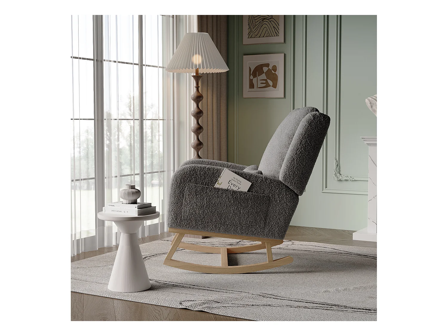 Fauteuil à bascule noir Fauteuil Relax a Bascule en Tissu avec Dossier Haut Rocking Chair avec Poche Latérale et Coussin Lombaire Rocking Chair Intérieur Extérieur