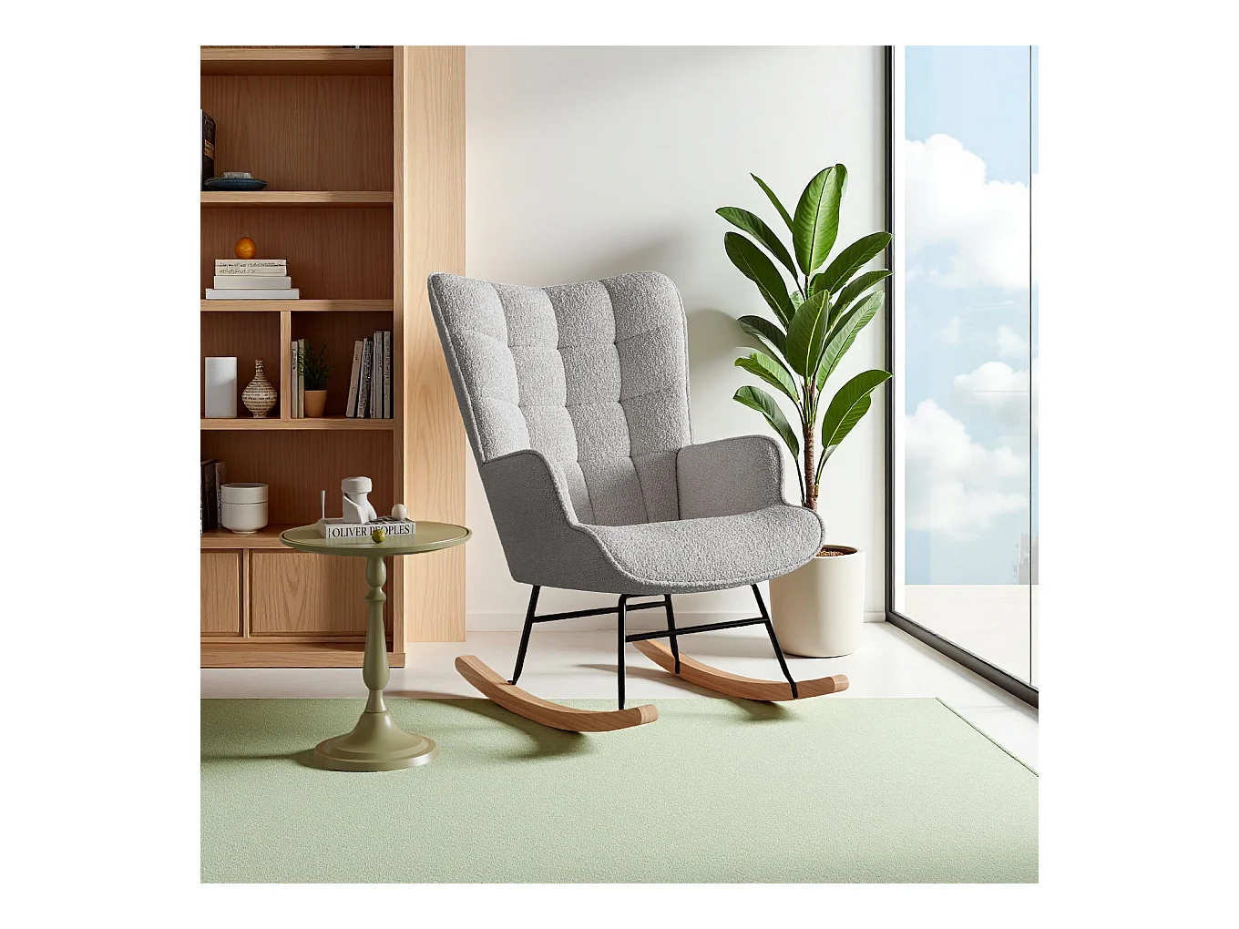 Fauteuil à bascule en tissu teddy gris clair avec dossier capitonné, design cosy et moderne pour salon ou chambre