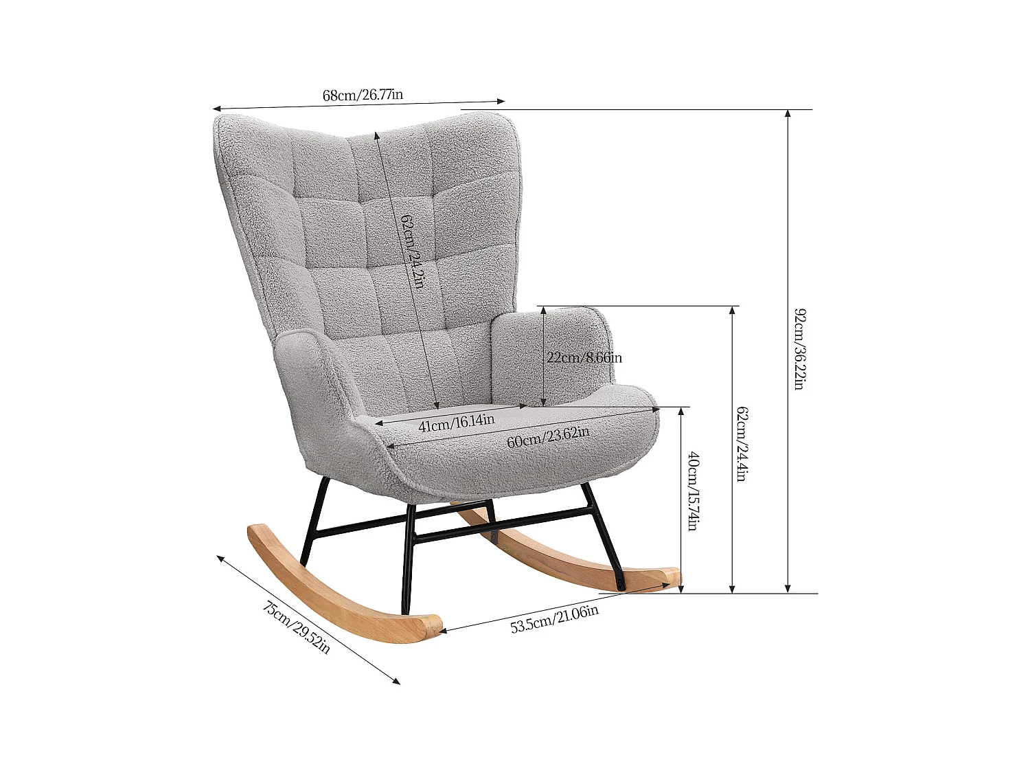 Fauteuil à bascule en tissu teddy gris clair avec dossier capitonné, design cosy et moderne pour salon ou chambre