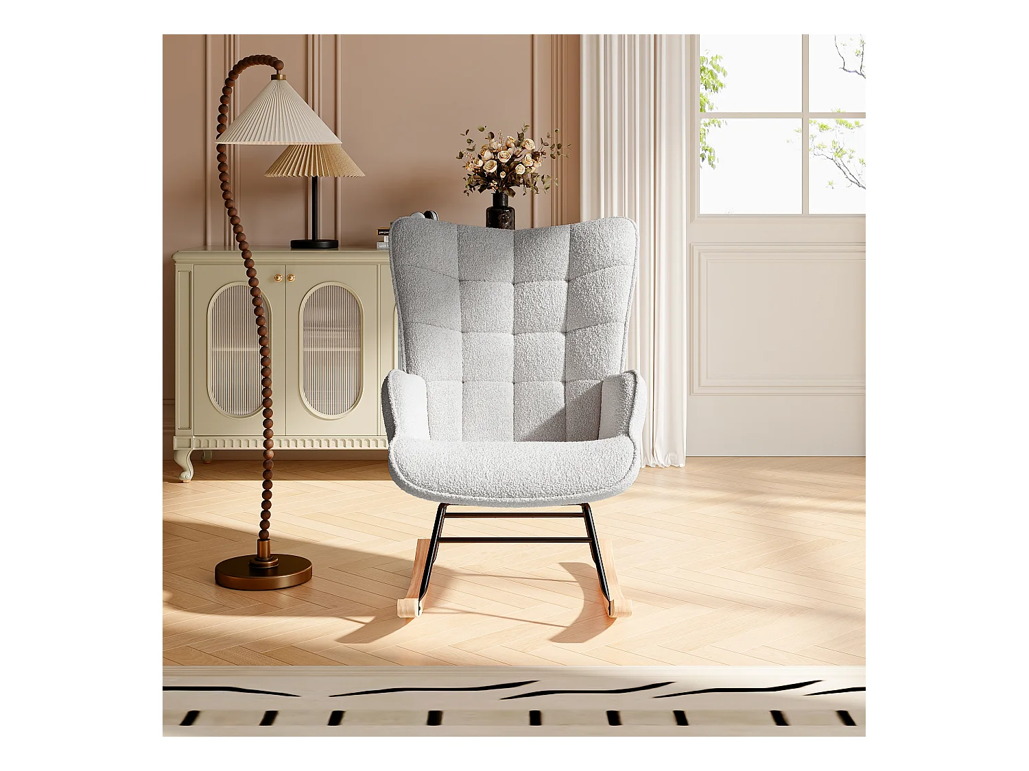 Fauteuil à bascule en tissu teddy gris clair avec dossier capitonné, design cosy et moderne pour salon ou chambre