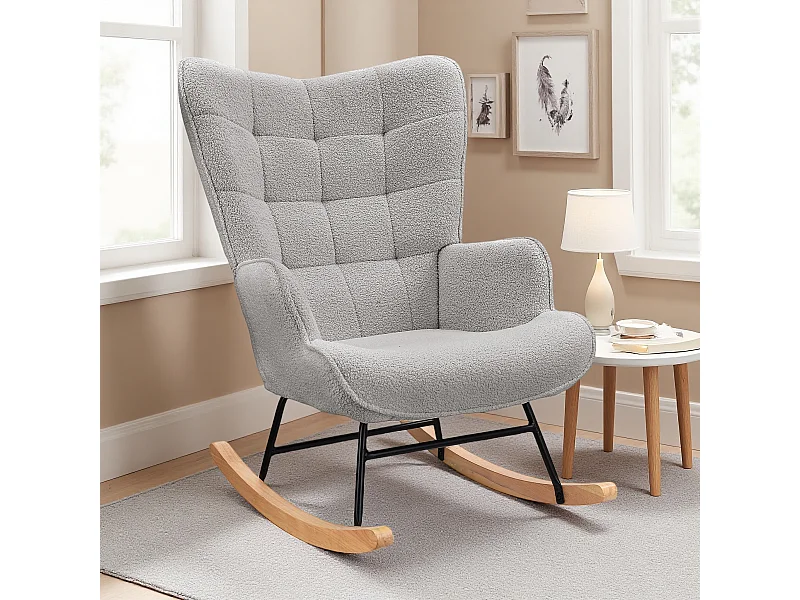 Lichtgrijze schommelstoel van teddystof met gecapitonneerde rugleuning, comfortabel en modern design voor woonkamer of slaapkamer