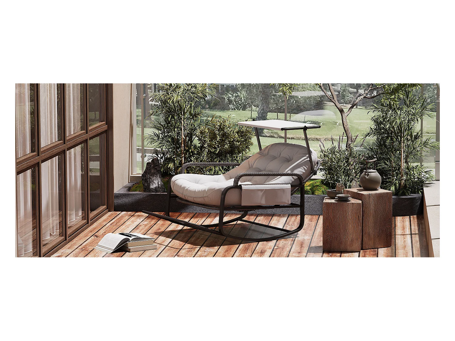 Fauteuil à bascule extérieur avec coussin geis, dossier réglable, repose-pieds pliable et auvent, rotin tressé, idéal balcon jardin terrasse