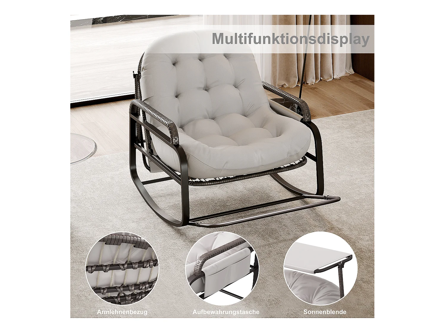 Fauteuil à bascule extérieur avec coussin geis, dossier réglable, repose-pieds pliable et auvent, rotin tressé, idéal balcon jardin terrasse