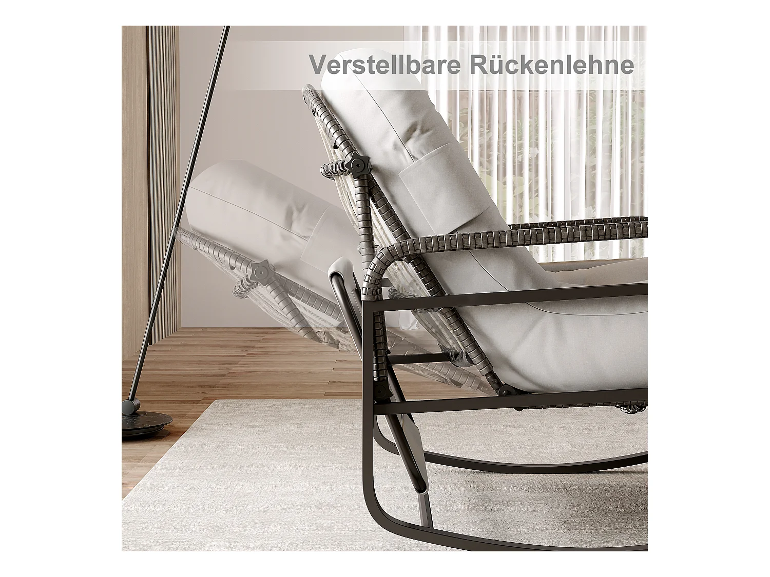 Fauteuil à bascule extérieur avec coussin geis, dossier réglable, repose-pieds pliable et auvent, rotin tressé, idéal balcon jardin terrasse