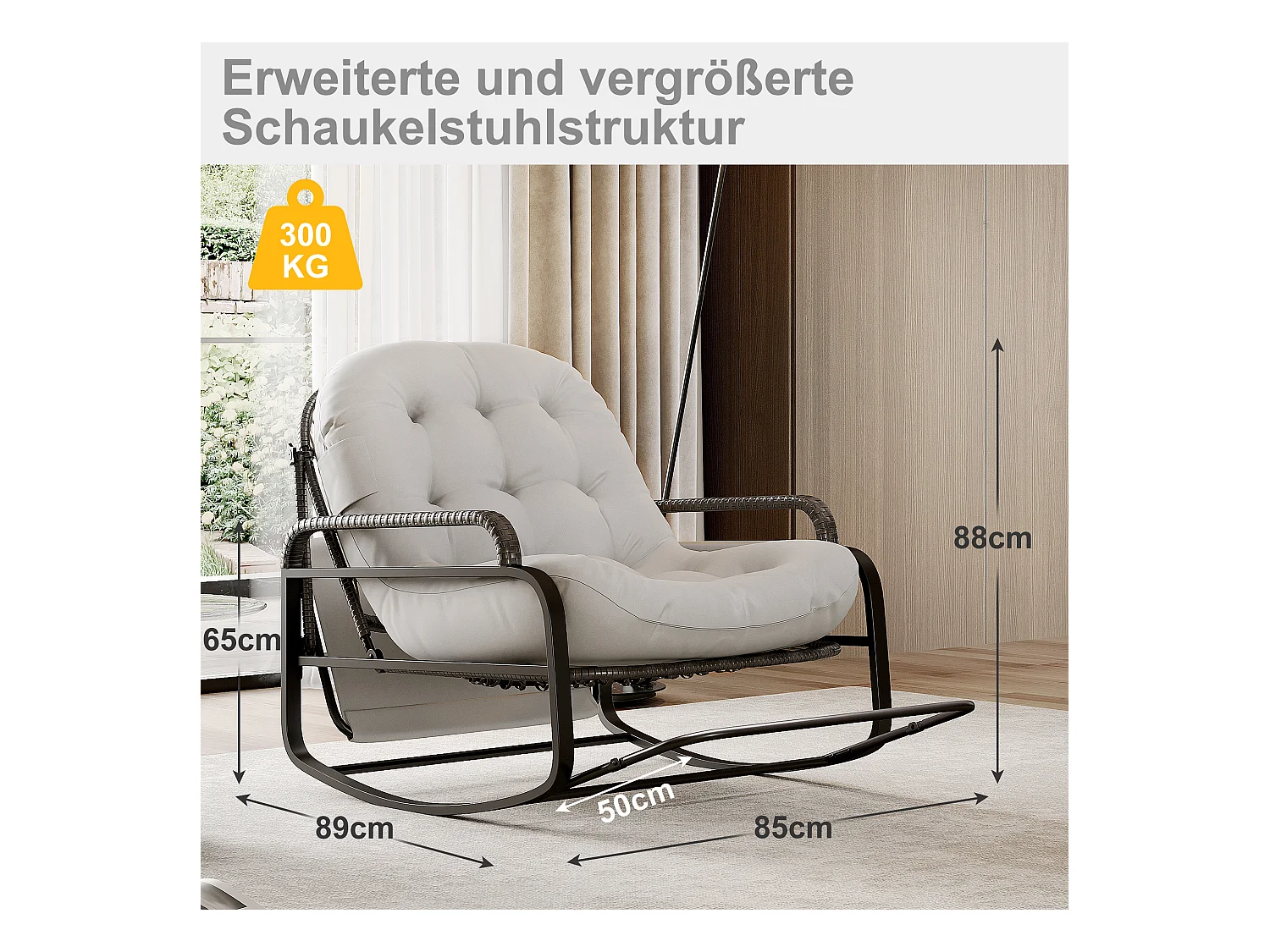 Fauteuil à bascule extérieur avec coussin geis, dossier réglable, repose-pieds pliable et auvent, rotin tressé, idéal balcon jardin terrasse