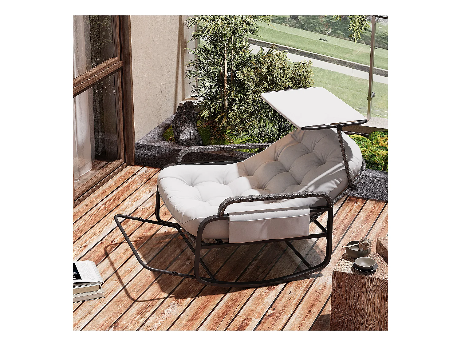 Fauteuil à bascule extérieur avec coussin geis, dossier réglable, repose-pieds pliable et auvent, rotin tressé, idéal balcon jardin terrasse