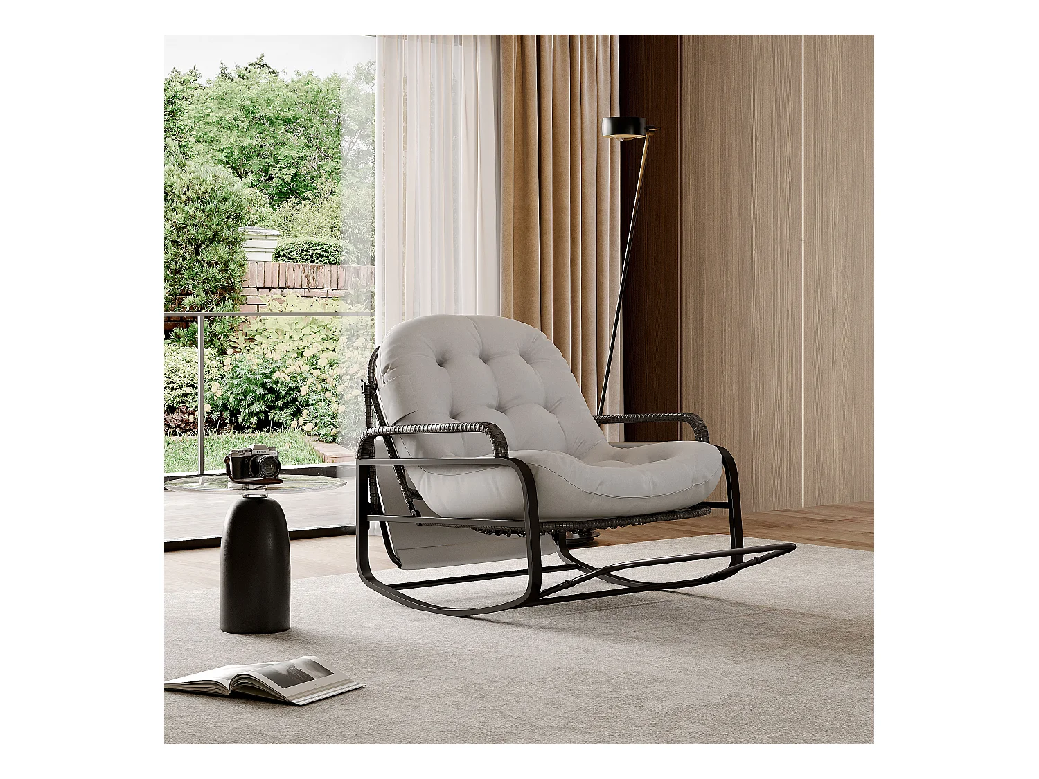 Fauteuil à bascule extérieur avec coussin geis, dossier réglable, repose-pieds pliable et auvent, rotin tressé, idéal balcon jardin terrasse