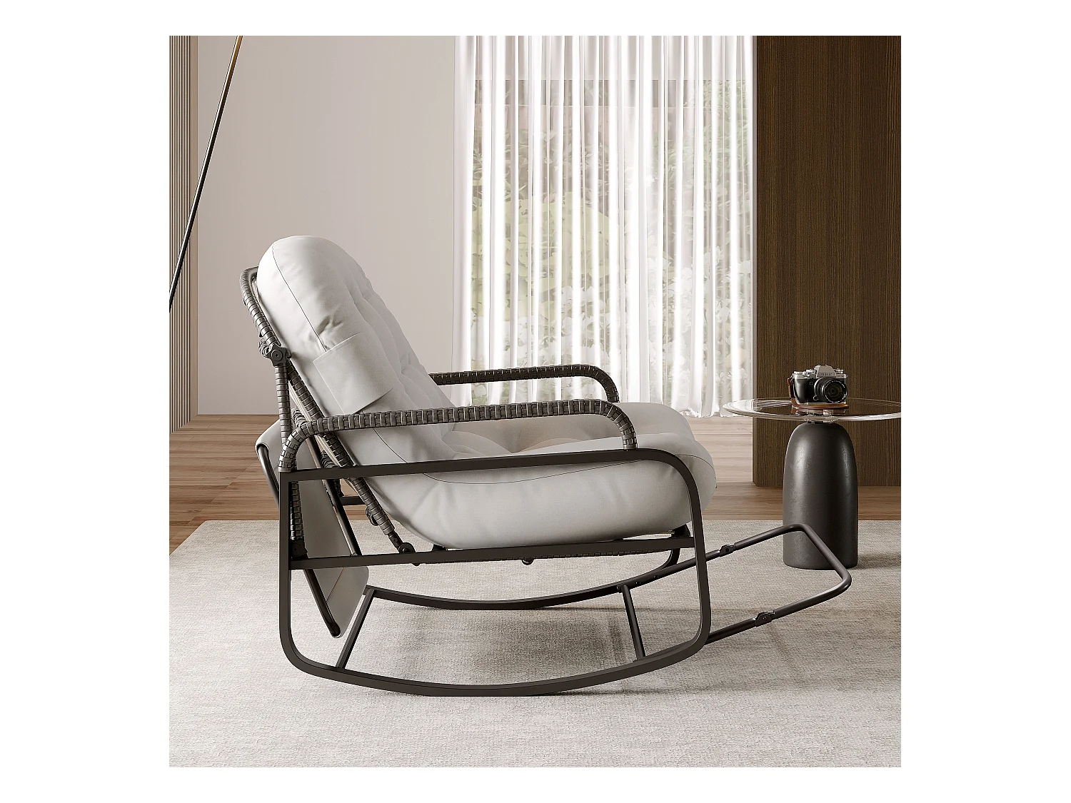 Fauteuil à bascule extérieur avec coussin geis, dossier réglable, repose-pieds pliable et auvent, rotin tressé, idéal balcon jardin terrasse