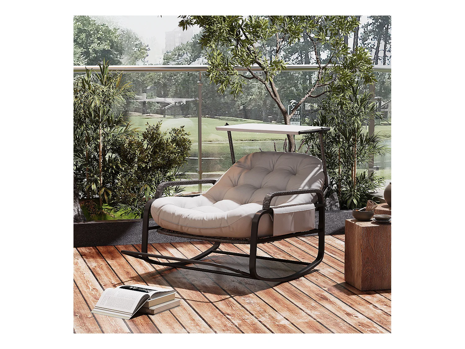 Fauteuil à bascule extérieur avec coussin geis, dossier réglable, repose-pieds pliable et auvent, rotin tressé, idéal balcon jardin terrasse
