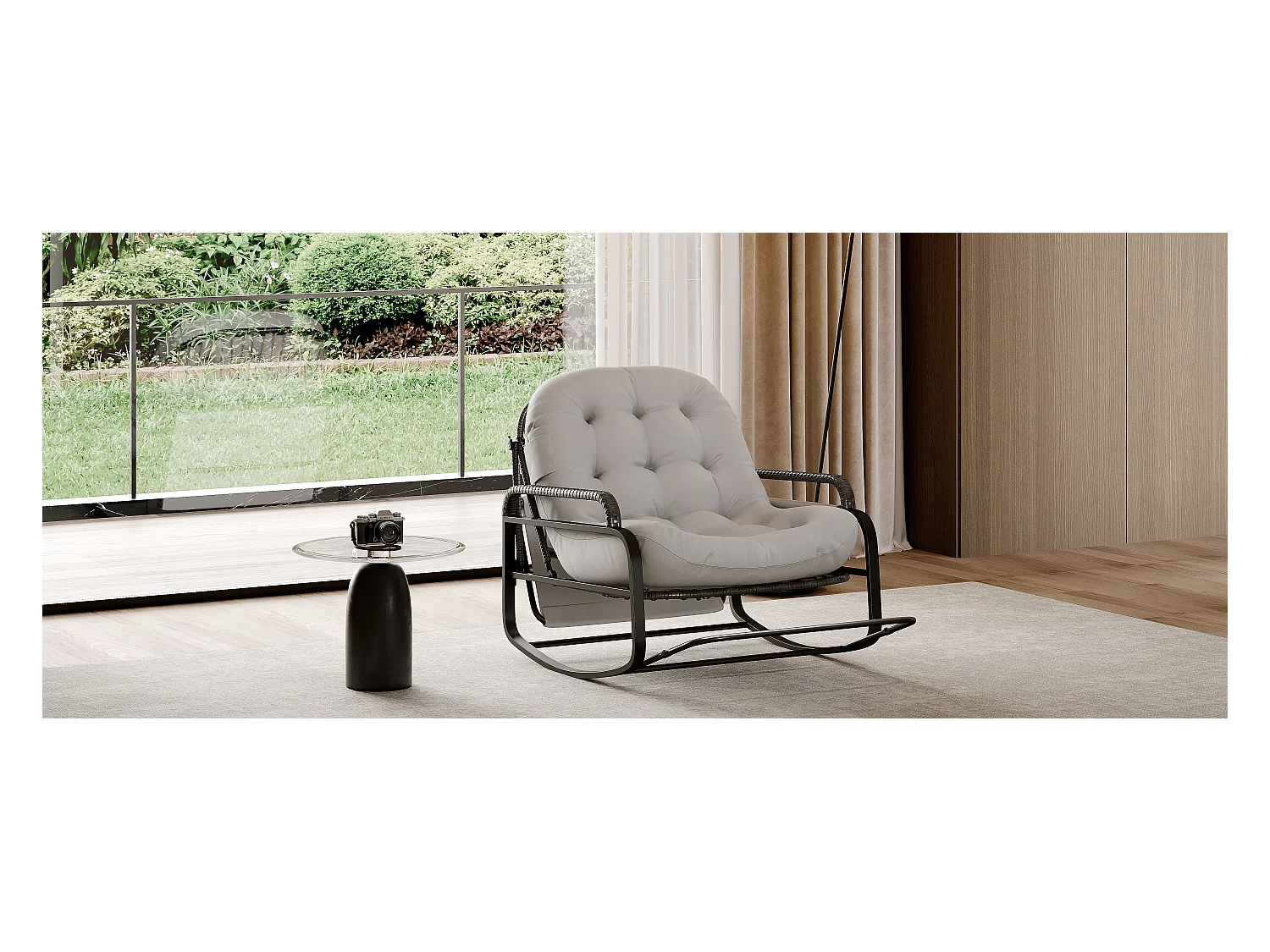 Fauteuil à bascule extérieur avec coussin geis, dossier réglable, repose-pieds pliable et auvent, rotin tressé, idéal balcon jardin terrasse