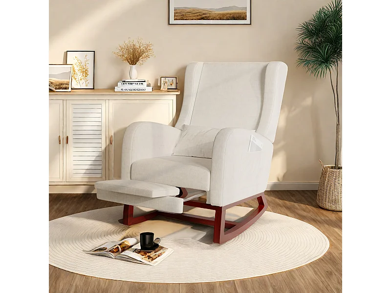 Fauteuil à bascule beige en tissu effet velours avec repose-jambes extensible, poches latérales et coussin inclus
