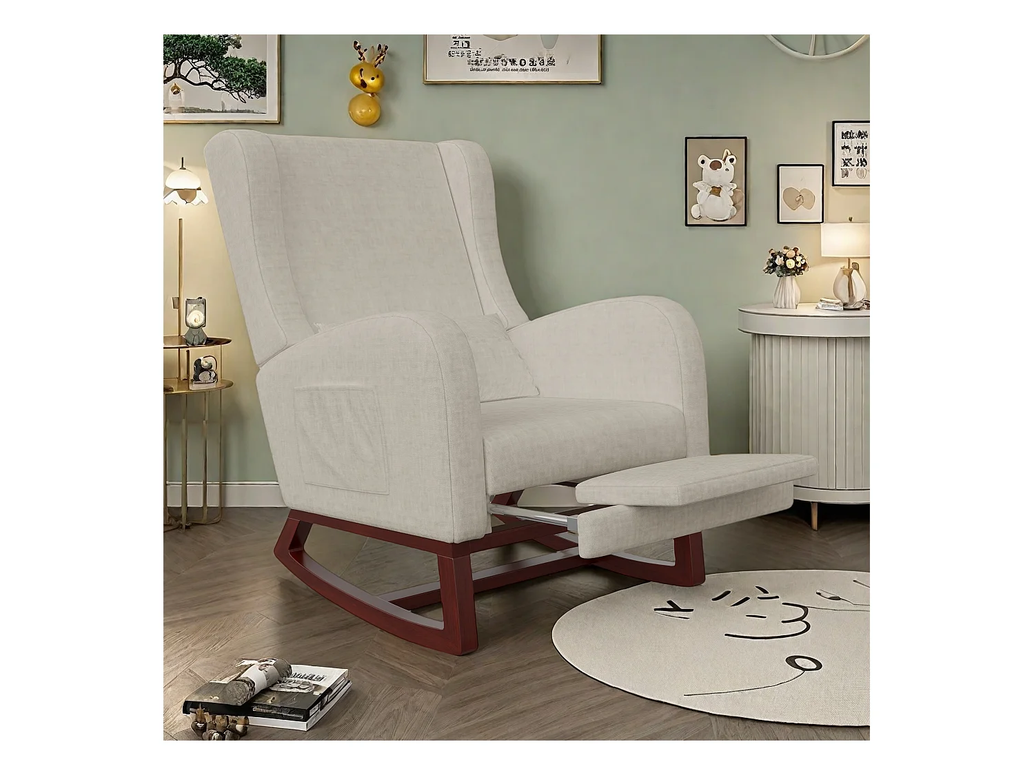 Fauteuil à bascule beige en tissu effet velours avec repose-jambes extensible, poches latérales et coussin inclus