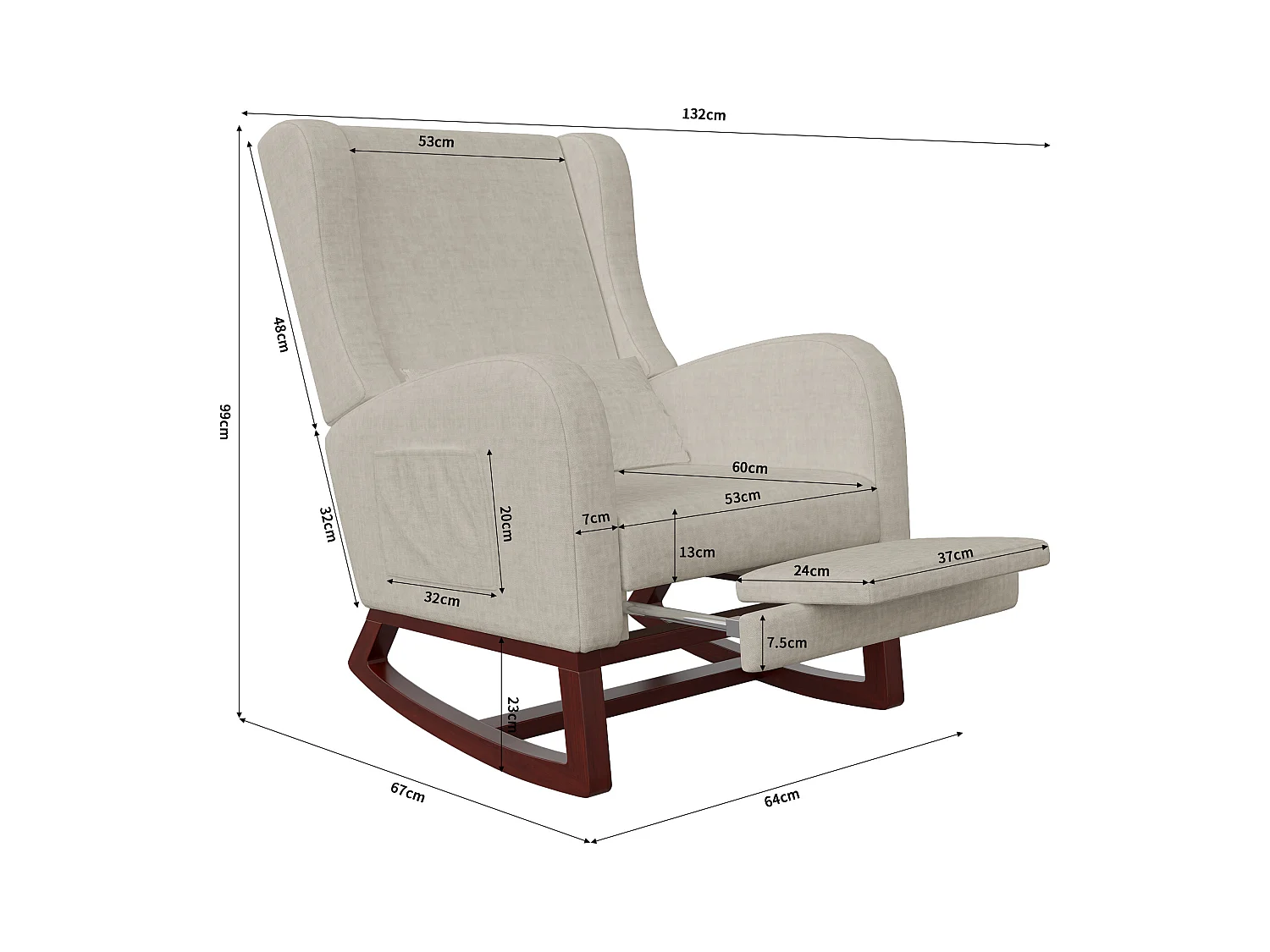 Fauteuil à bascule beige en tissu effet velours avec repose-jambes extensible, poches latérales et coussin inclus