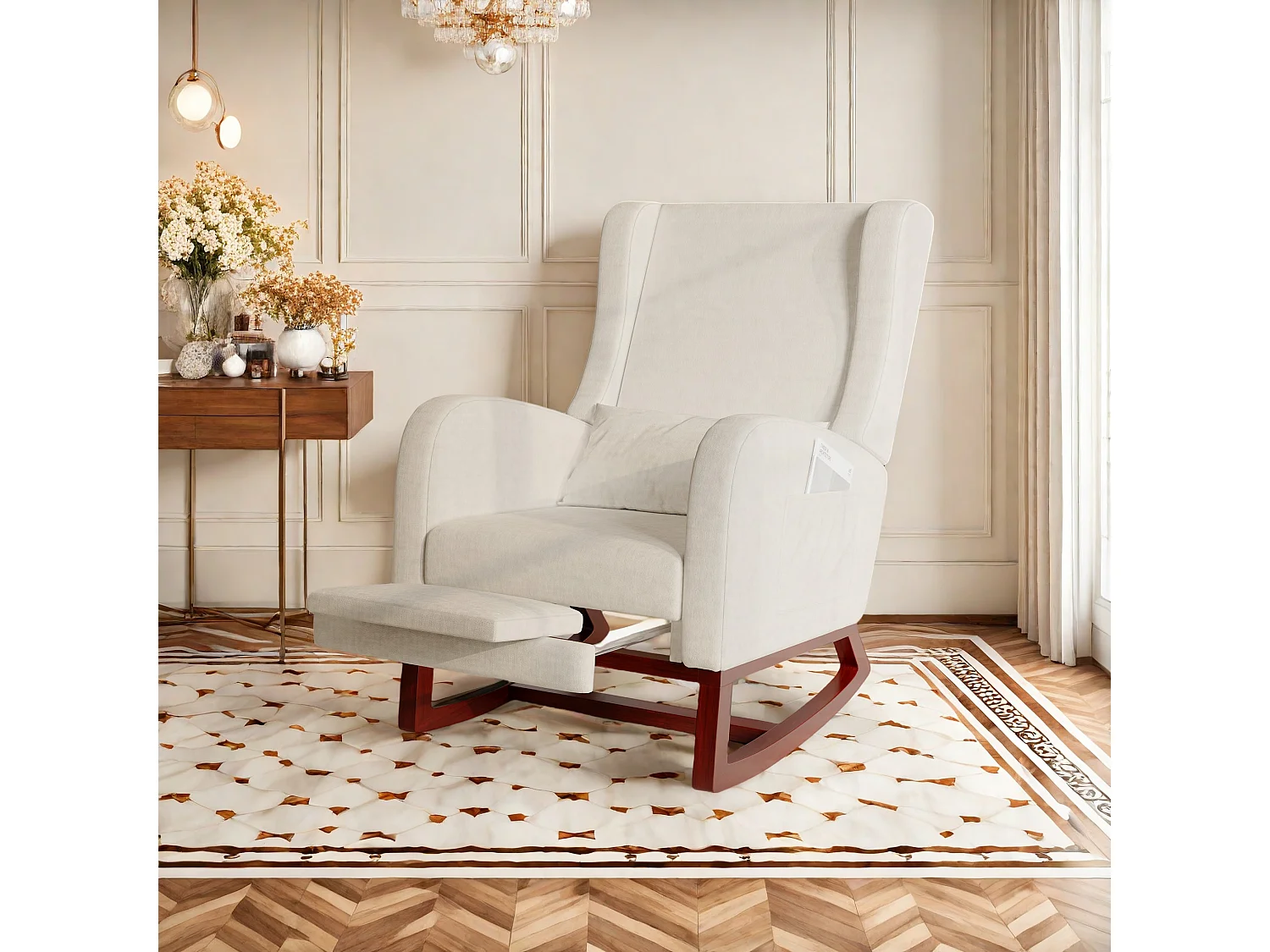 Fauteuil à bascule beige en tissu effet velours avec repose-jambes extensible, poches latérales et coussin inclus