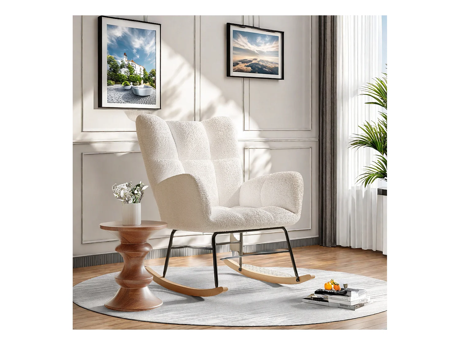 Fauteuil à bascule en tissu teddy blanc cassé, design cosy et moderne pour salon, chambre ou coin lecture