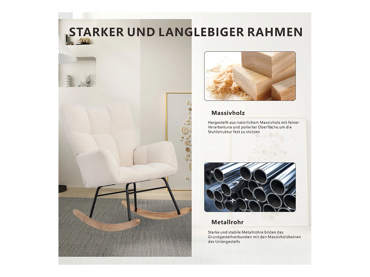 Fauteuil à bascule en tissu teddy blanc cassé, design cosy et moderne pour salon, chambre ou coin lecture