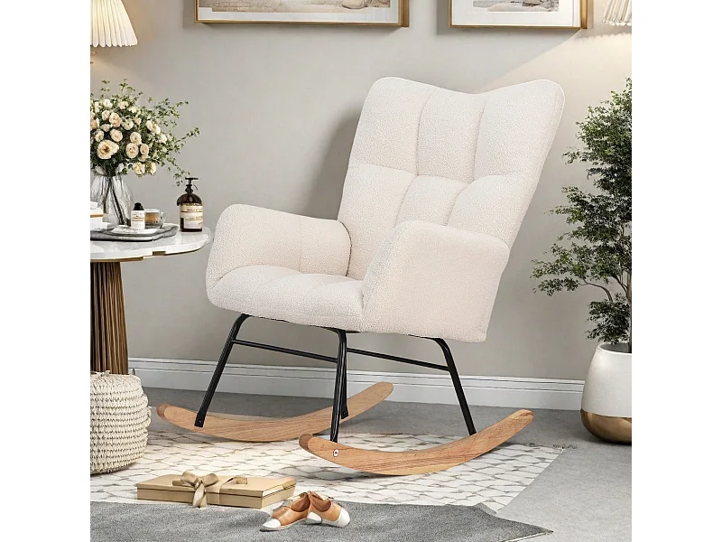 Gebroken witte schommelstoel van teddystof, gezellig en modern design voor in de woonkamer, slaapkamer of leeshoek