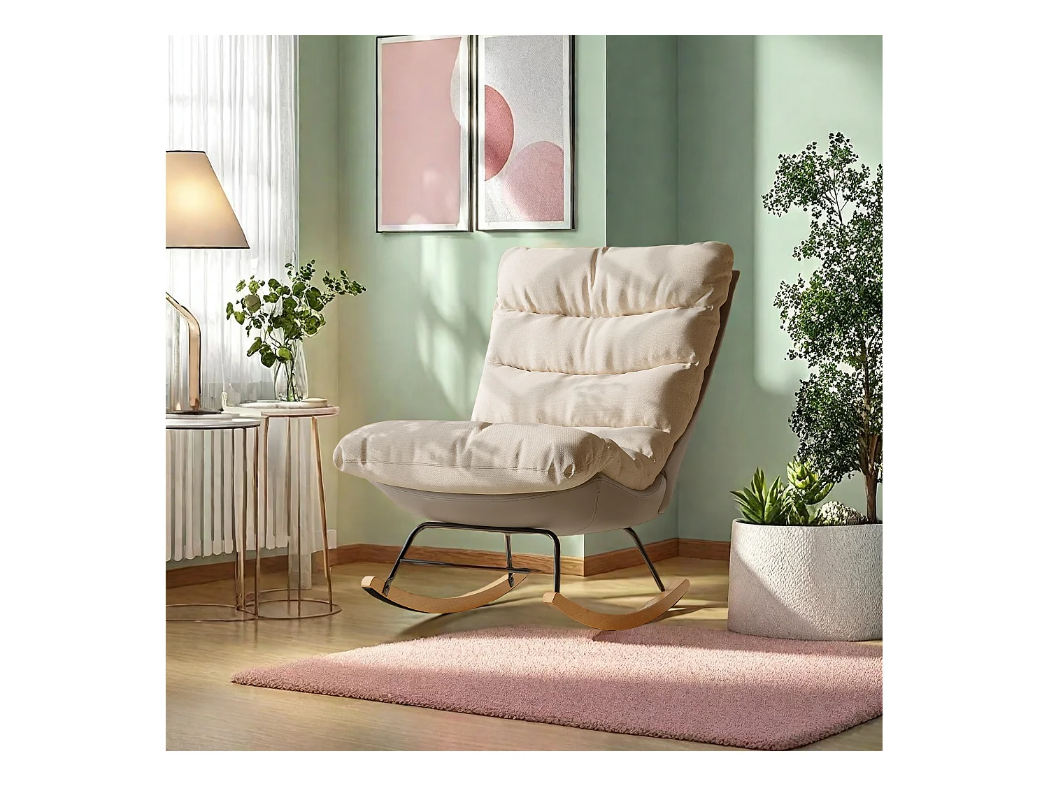 Fauteuil à bascule bicolore , assise en lin et base en tissu technique, design moderne et confortable