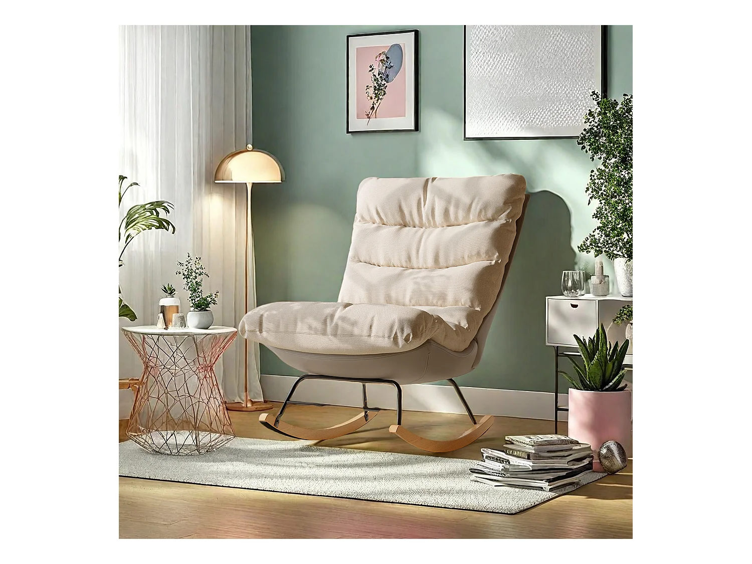Fauteuil à bascule bicolore , assise en lin et base en tissu technique, design moderne et confortable