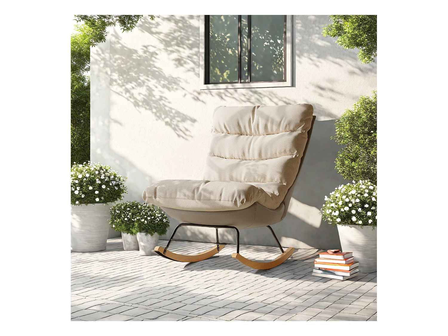 Fauteuil à bascule bicolore , assise en lin et base en tissu technique, design moderne et confortable