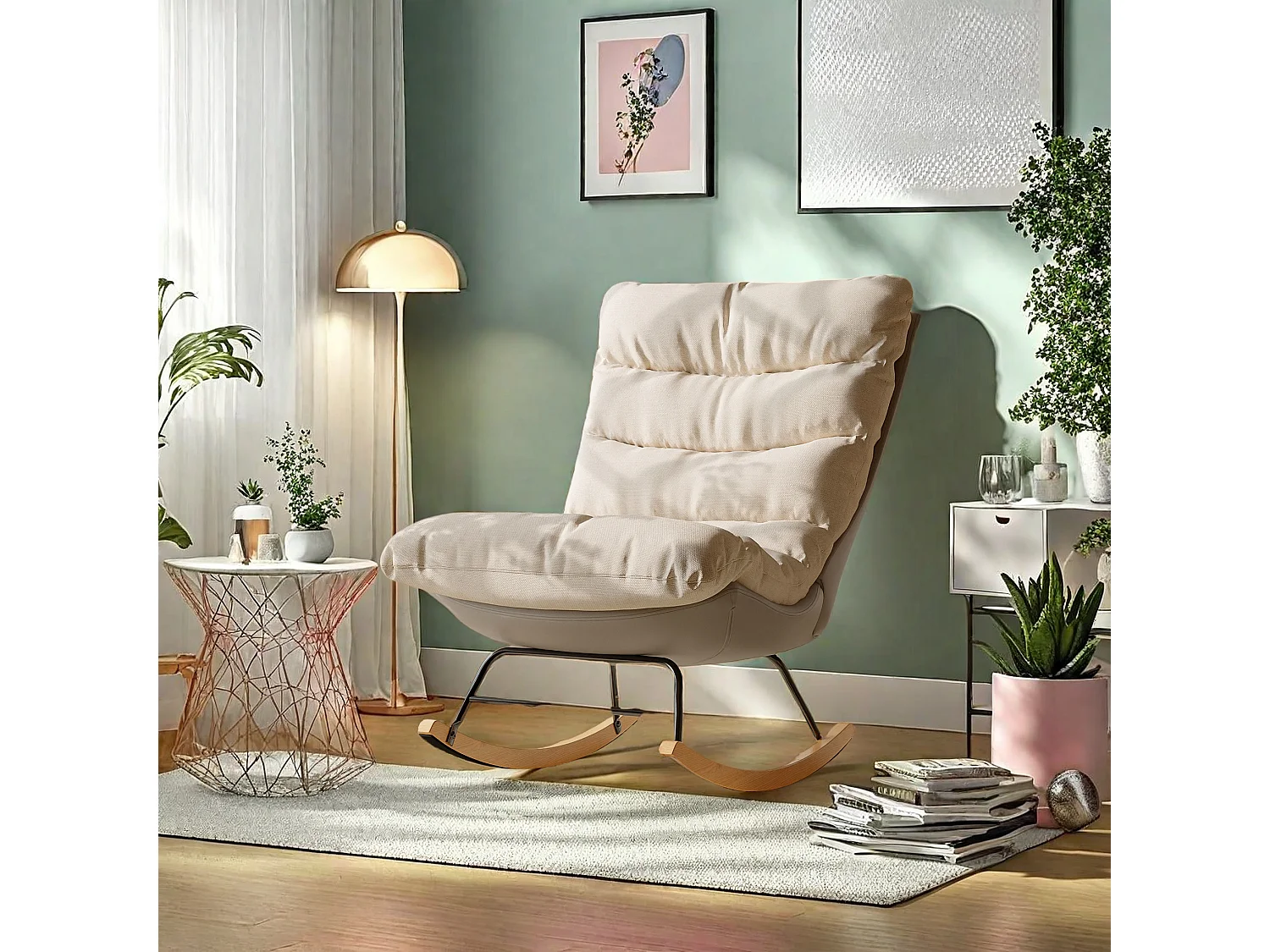 Fauteuil à bascule bicolore , assise en lin et base en tissu technique, design moderne et confortable
