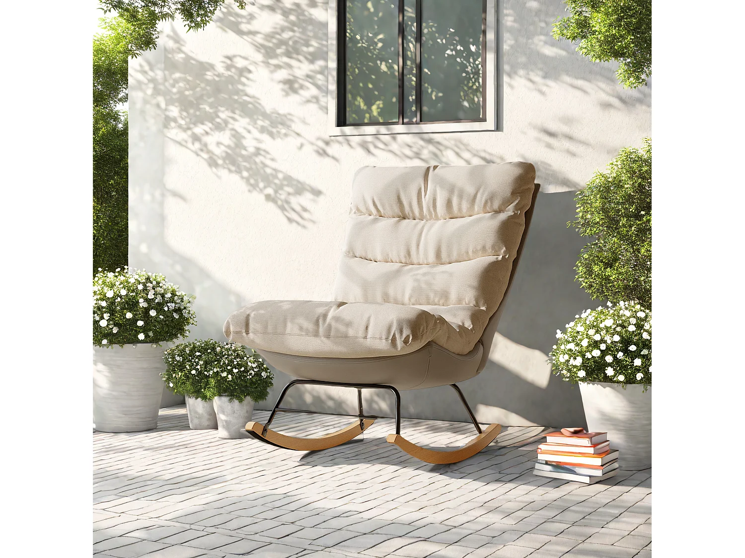 Fauteuil à bascule bicolore , assise en lin et base en tissu technique, design moderne et confortable