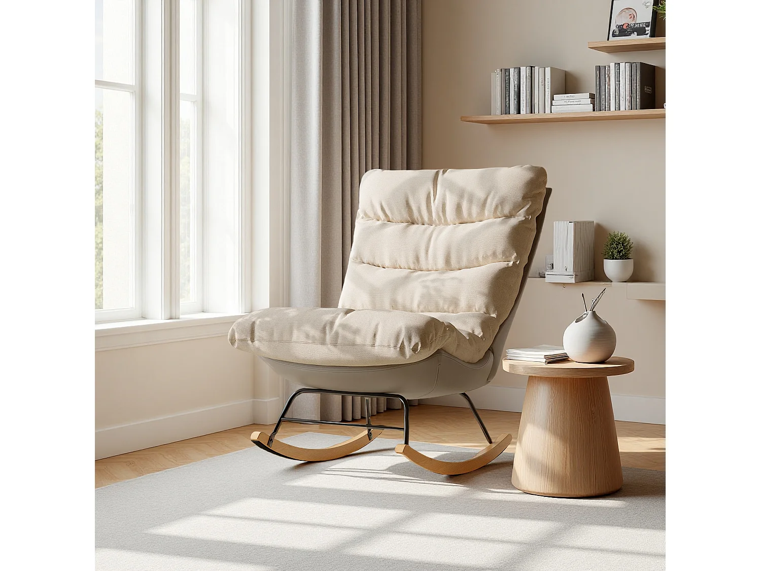 Fauteuil à bascule bicolore , assise en lin et base en tissu technique, design moderne et confortable