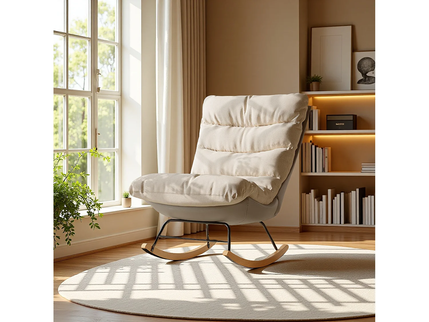 Fauteuil à bascule bicolore , assise en lin et base en tissu technique, design moderne et confortable