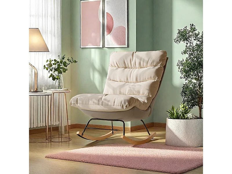 Tweekleurige schommelstoel, linnen zitting en onderstel van technische stof, modern en comfortabel design