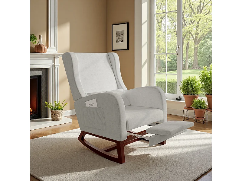 Mecedora gris de tela efecto terciopelo con reposapiernas extensible, bolsillos laterales y cojín incluido