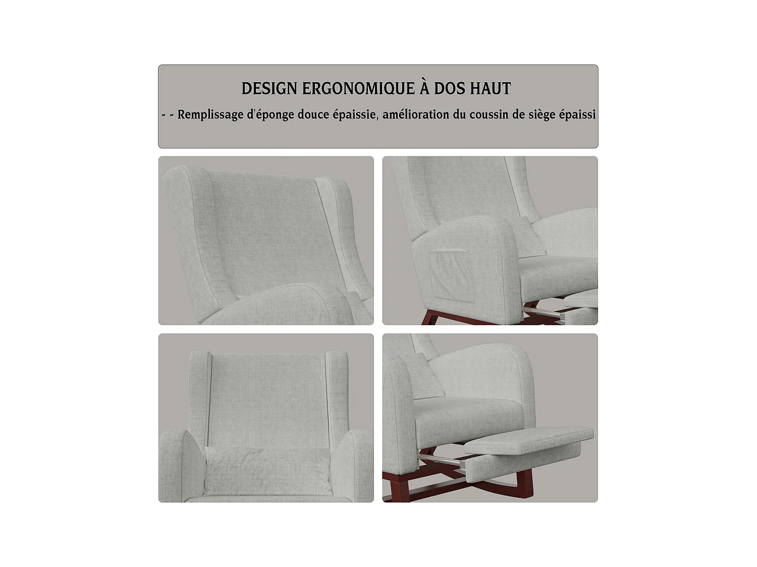 Mecedora gris de tela efecto terciopelo con reposapiernas extensible, bolsillos laterales y cojín incluido