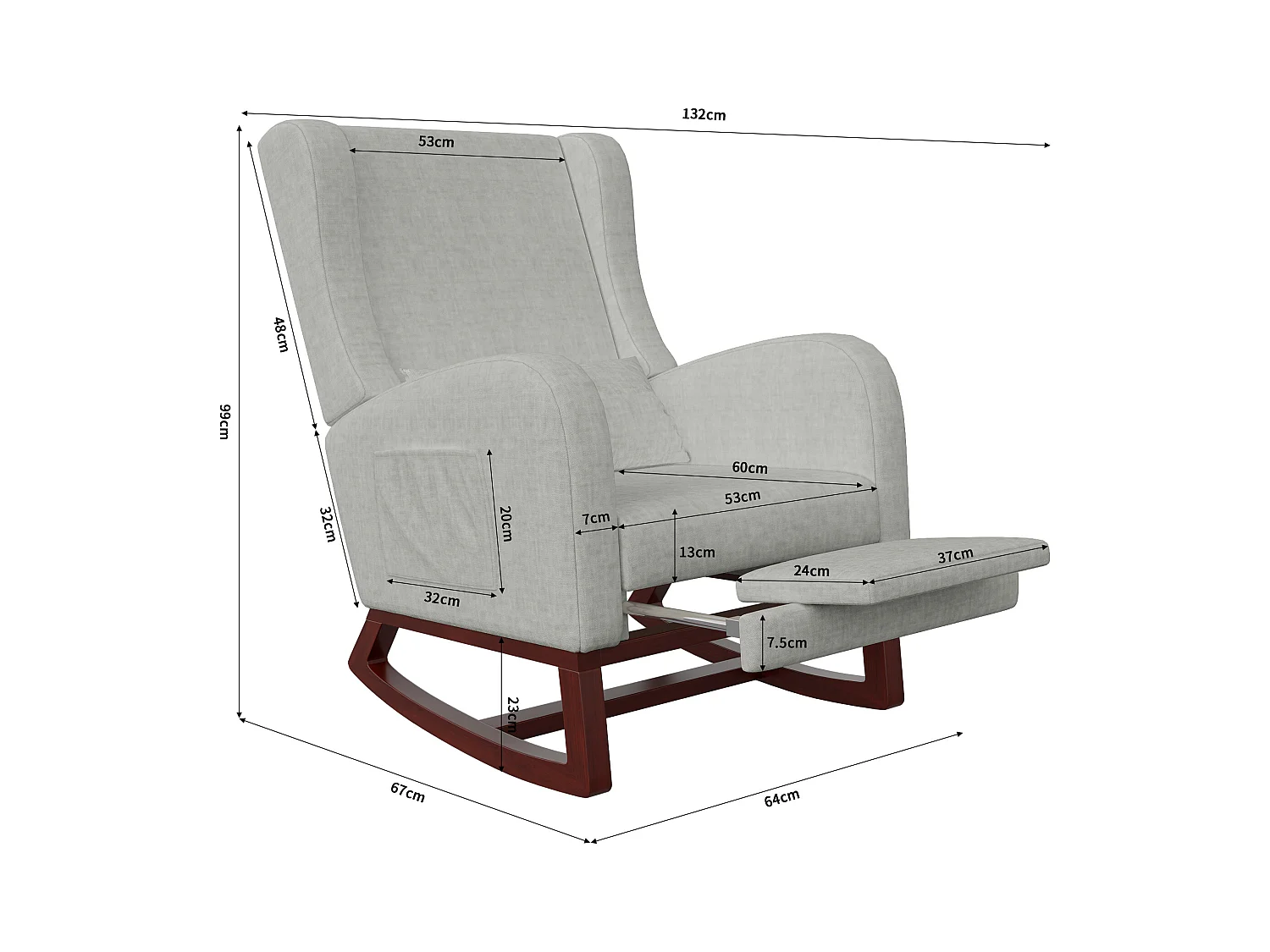 Mecedora gris de tela efecto terciopelo con reposapiernas extensible, bolsillos laterales y cojín incluido