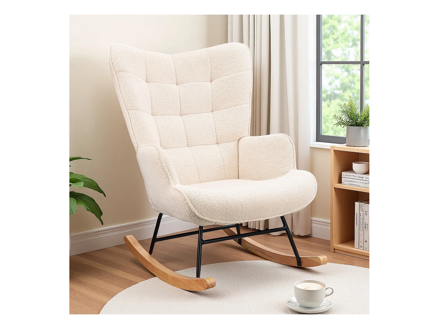 Fauteuil à bascule en tissu teddy beige avec dossier capitonné, design cosy et moderne pour salon ou chambre