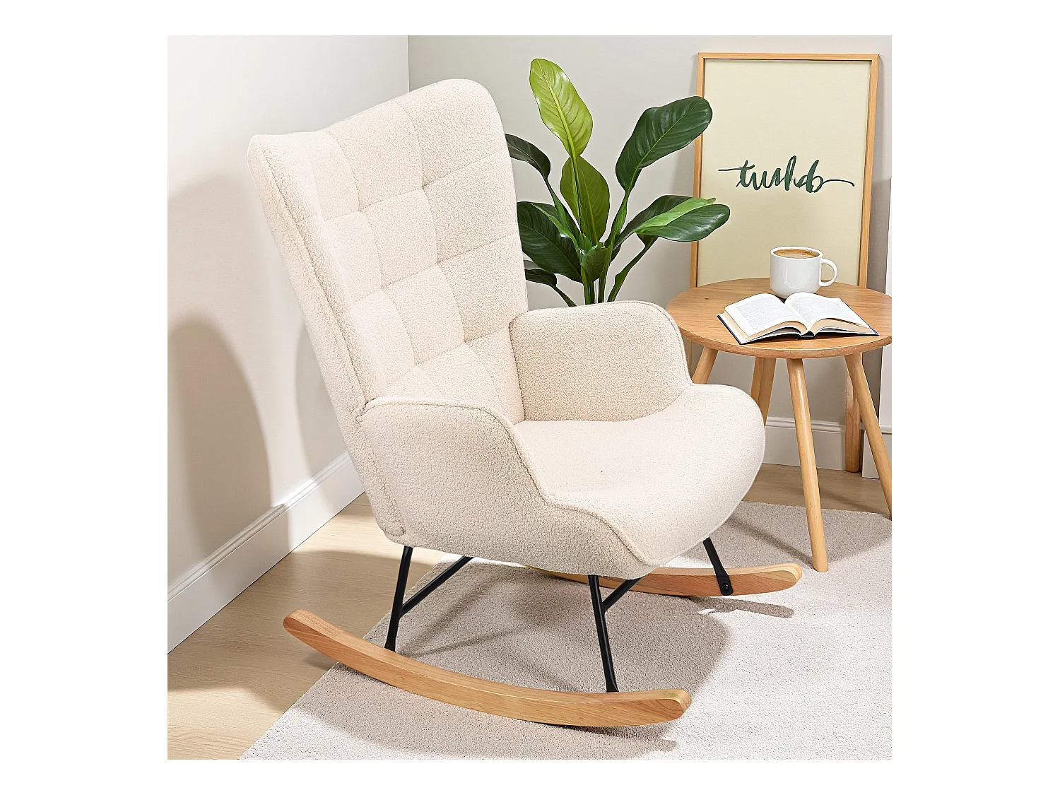 Fauteuil à bascule en tissu teddy beige avec dossier capitonné, design cosy et moderne pour salon ou chambre