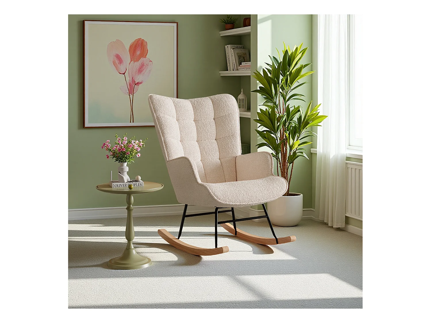 Fauteuil à bascule en tissu teddy beige avec dossier capitonné, design cosy et moderne pour salon ou chambre