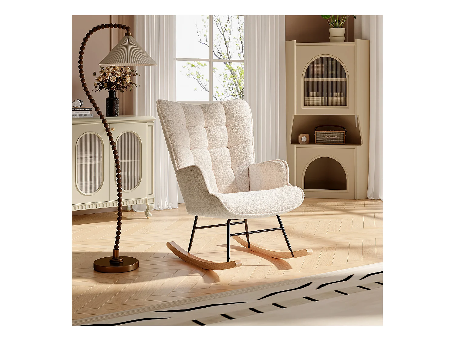 Fauteuil à bascule en tissu teddy beige avec dossier capitonné, design cosy et moderne pour salon ou chambre