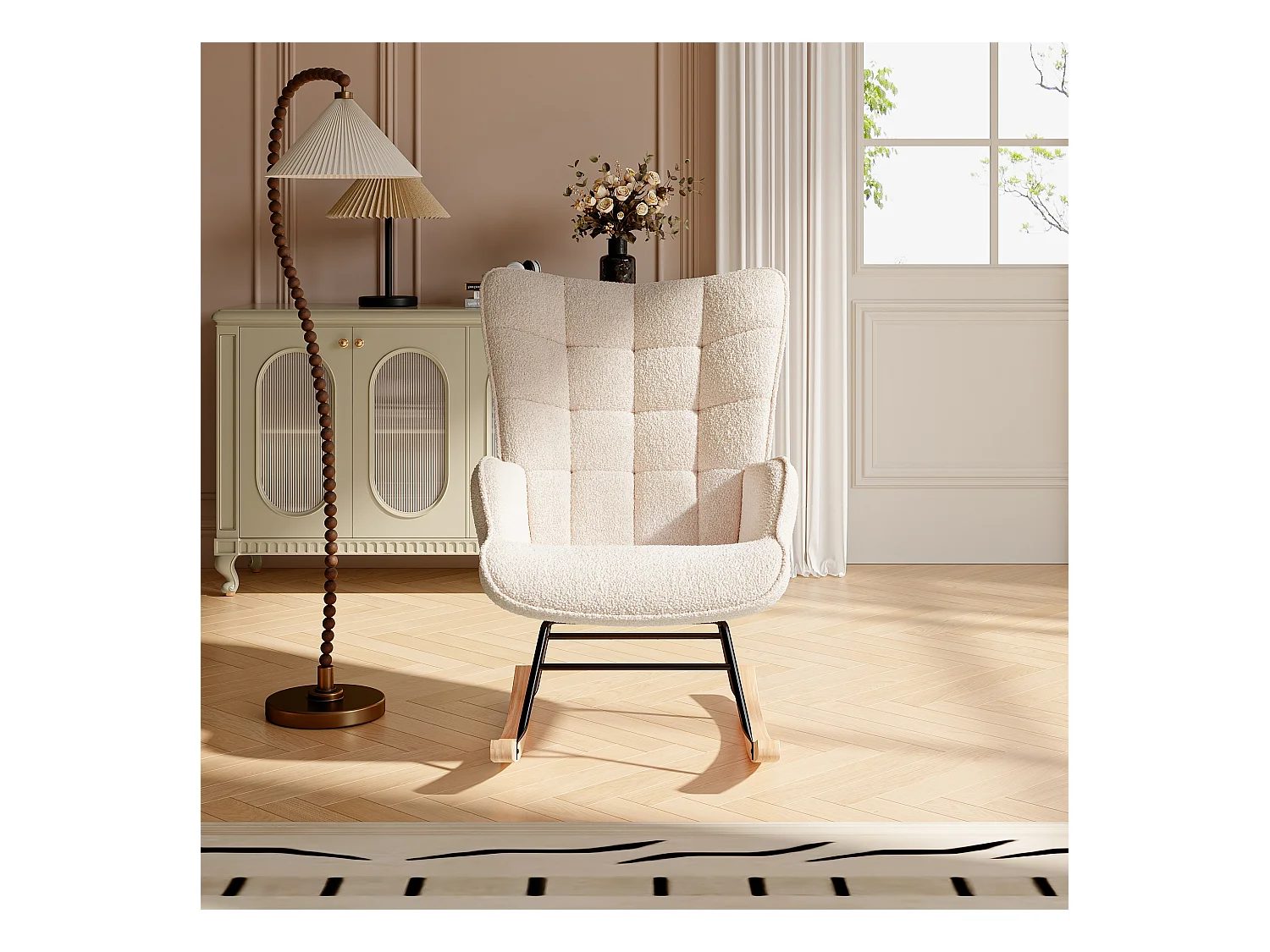 Fauteuil à bascule en tissu teddy beige avec dossier capitonné, design cosy et moderne pour salon ou chambre