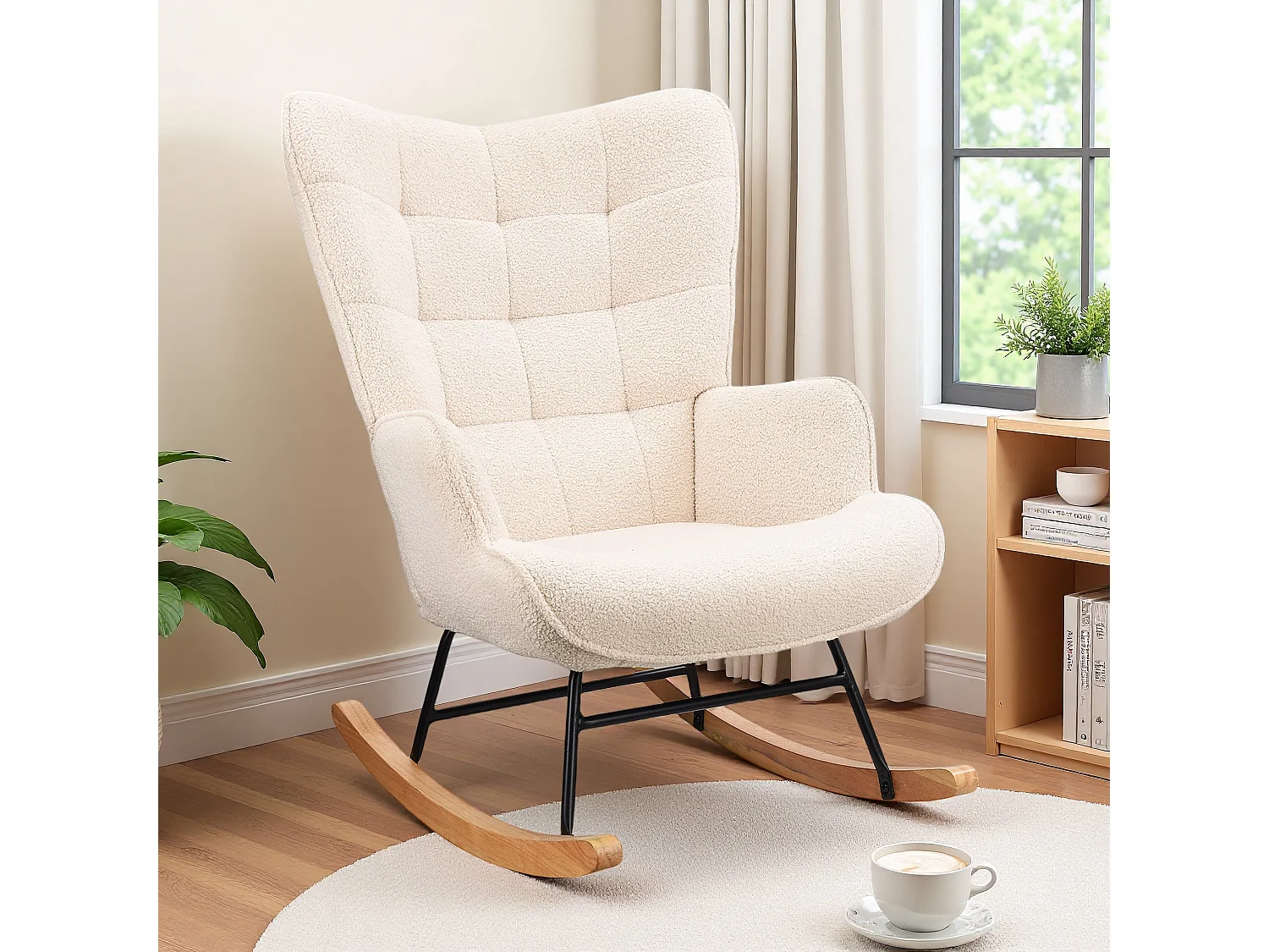 Fauteuil à bascule en tissu teddy beige avec dossier capitonné, design cosy et moderne pour salon ou chambre