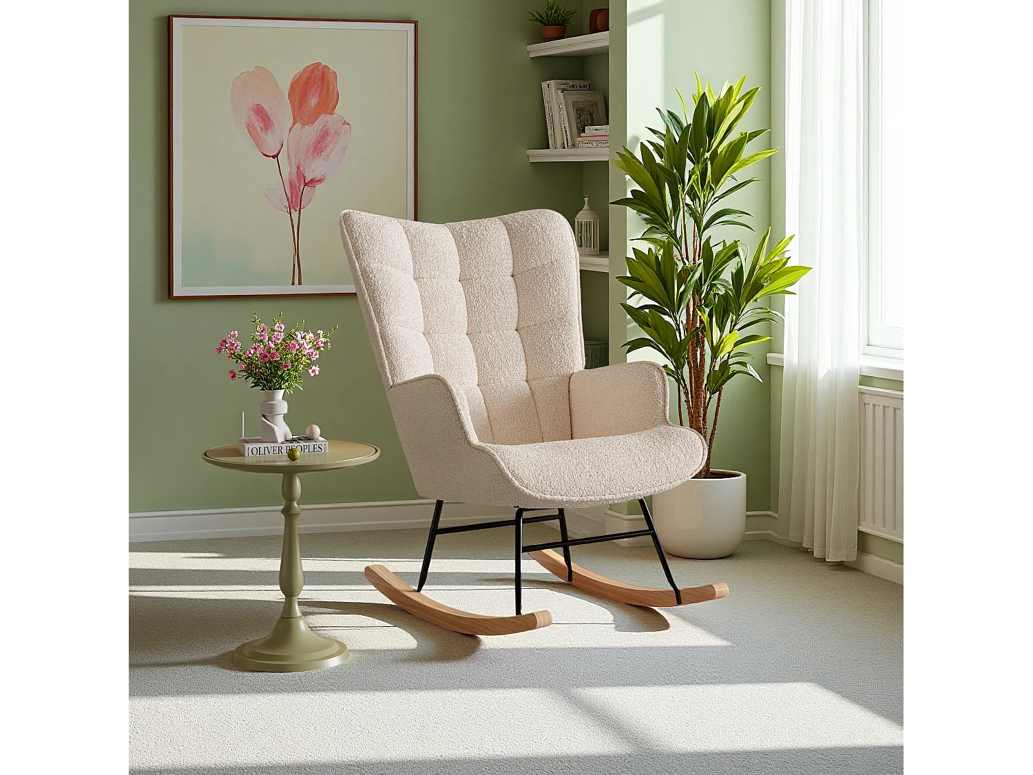 Fauteuil à bascule en tissu teddy beige avec dossier capitonné, design cosy et moderne pour salon ou chambre