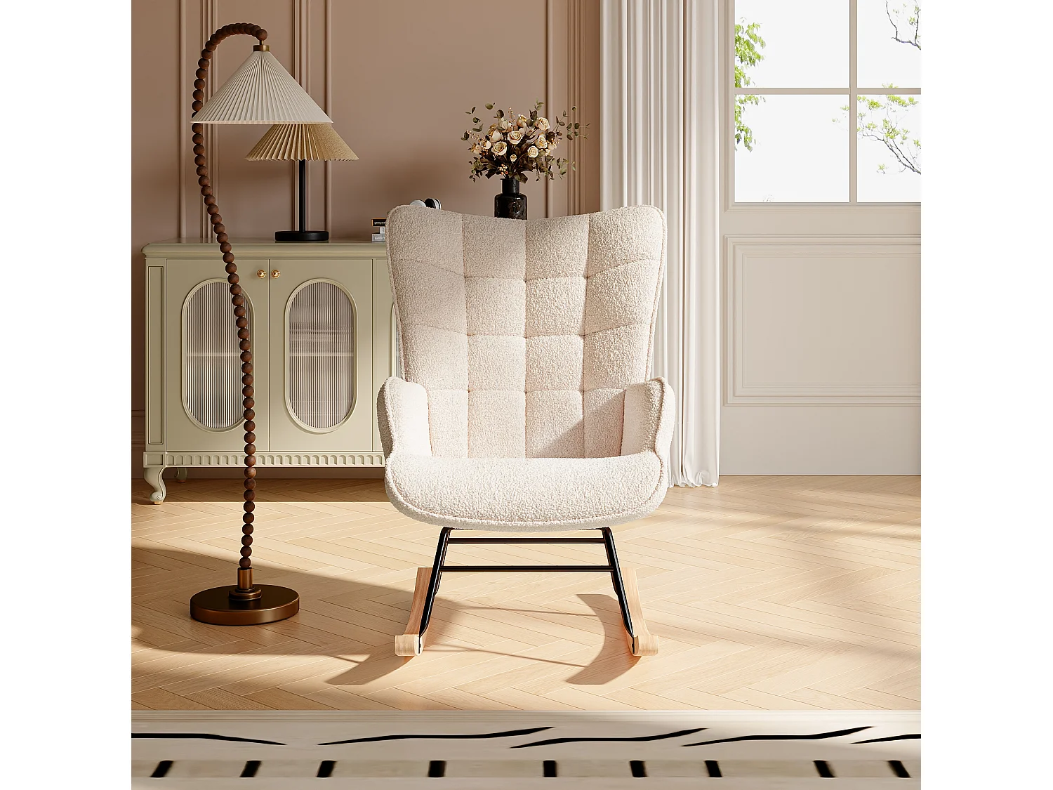 Fauteuil à bascule en tissu teddy beige avec dossier capitonné, design cosy et moderne pour salon ou chambre