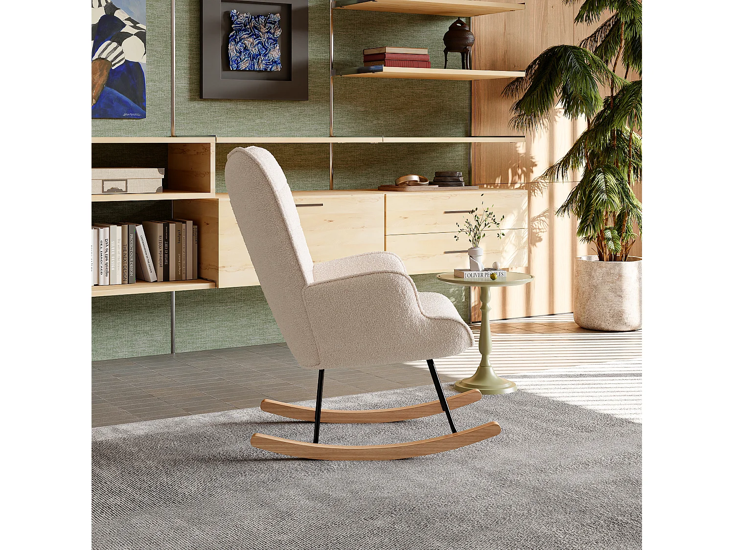 Fauteuil à bascule en tissu teddy beige avec dossier capitonné, design cosy et moderne pour salon ou chambre