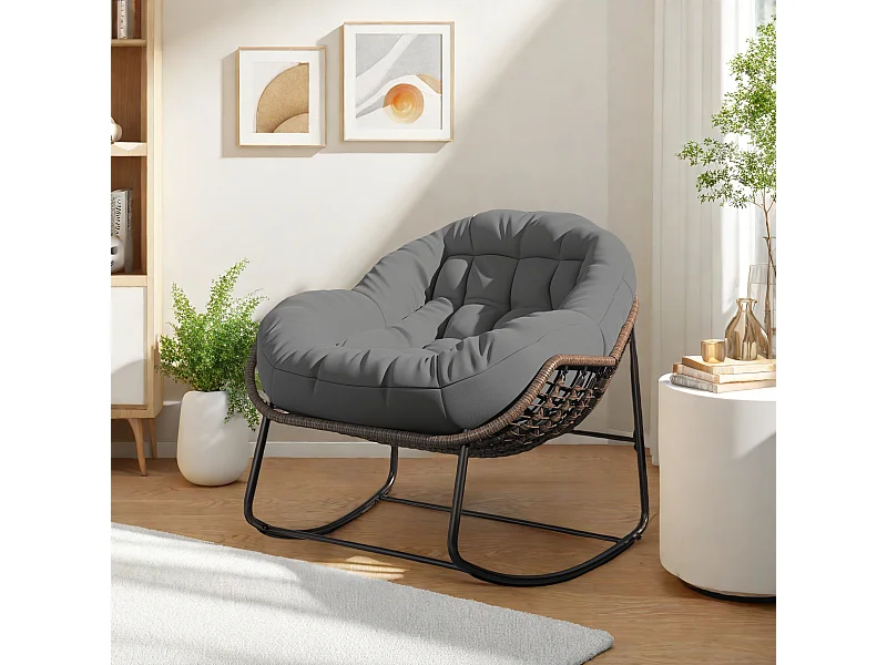 Chaise d'extérieur gris - Chaise à œufs surdimensionnée en osier avec coussin épais, pour l'intérieur et l'extérieur