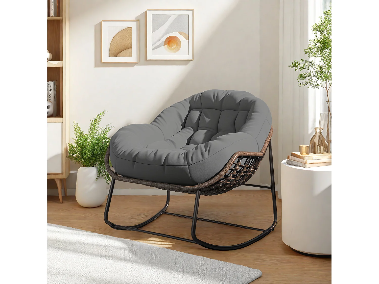 Chaise d'extérieur gris - Chaise à œufs surdimensionnée en osier avec coussin épais, pour l'intérieur et l'extérieur